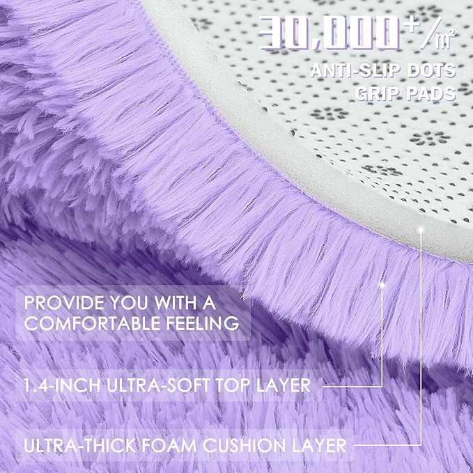 OLANLY Light Purple Round Rugs for Bedroom - Machine Washable, 6 ft Circle Area Rugs for Living Room, Soft and Fluffy Shaggy Carpet for Teen Girls and Boys, Nursery Rooms, Dorms, Home Decor Aesthetic