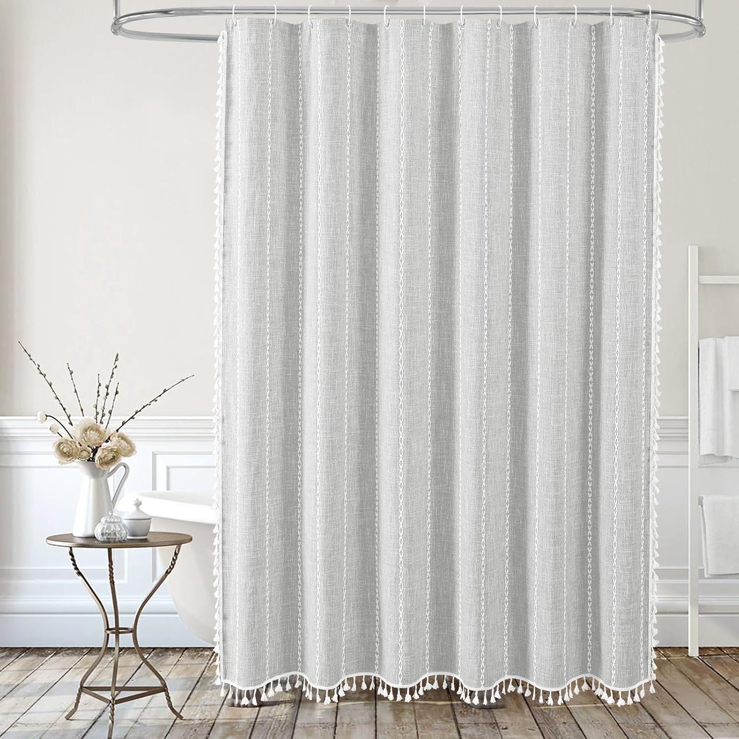 MitoVilla Grey Boho Farmhouse Small Stall Shower Curtain Set 36 x 72, Half Size Narrow Polyester Linen Fabric Shower Curtains for Farmhouse Bathroom Decor, Light Grey