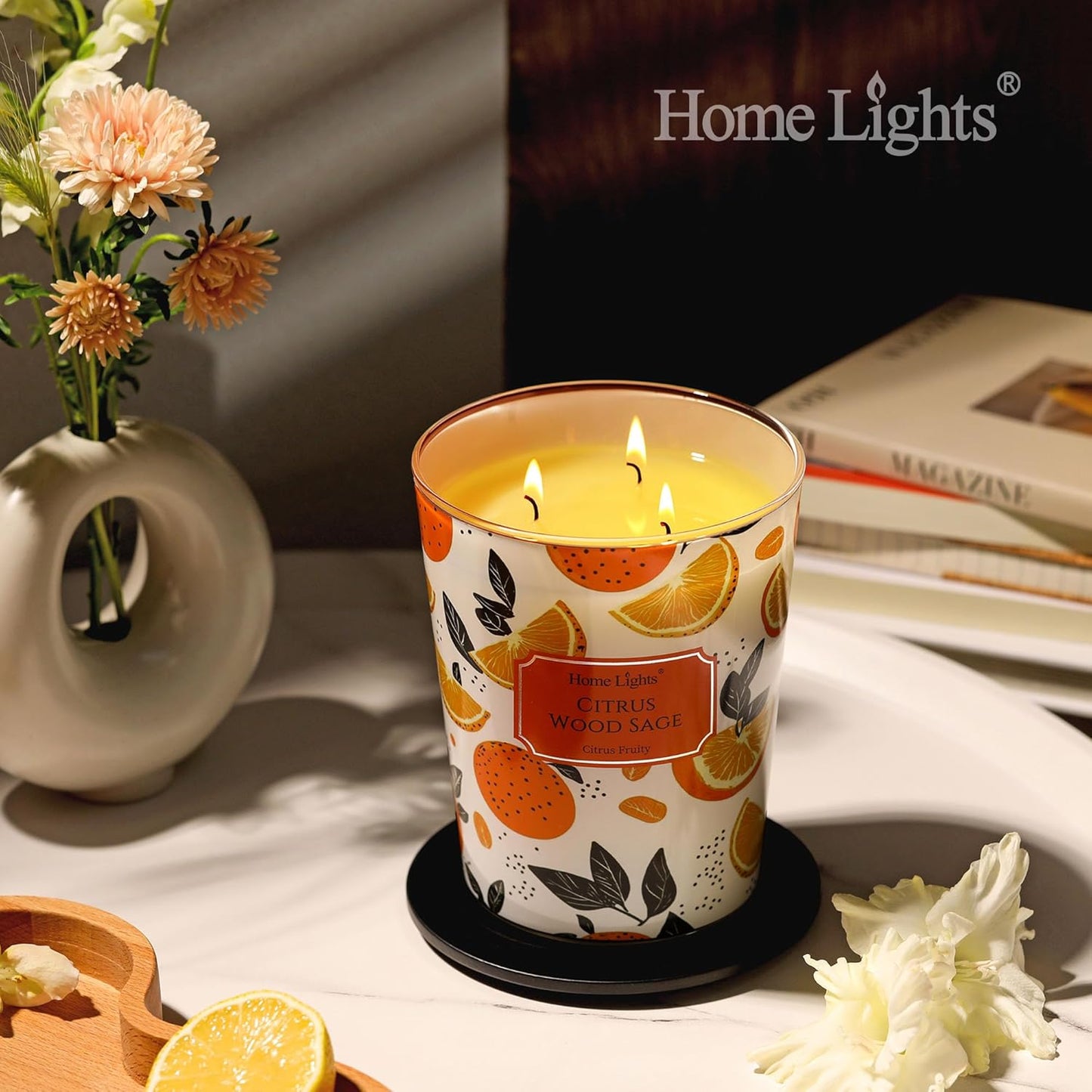 HomeLights Citrus Wood Sage Scented Candles | 34oz Soy Candles Eclectic Mixed Styles 3-Wick Large Candle Jars | Ideal Candle Gifts for Events, Home Decor Stress, Relief & Relaxation