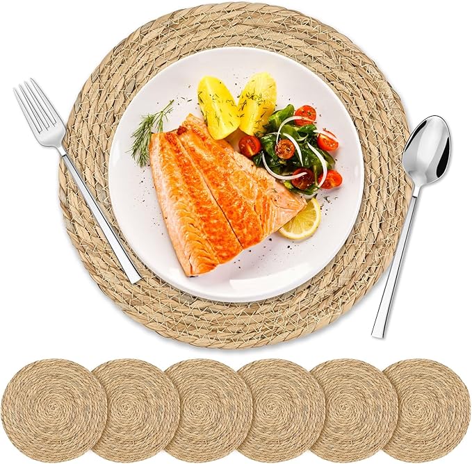 12 Inch Round Woven Placemats Set of 6 - Rattan Braided Table Mats - Heat Resistant Boho Wicker Placemats for Kitchen, Party, Dinner Table, Wedding, Picnic – Farmhouse Style Natural Fiber Place Mats