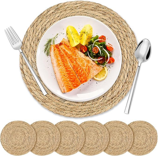 12 Inch Round Woven Placemats Set of 6 - Rattan Braided Table Mats - Heat Resistant Boho Wicker Placemats for Kitchen, Party, Dinner Table, Wedding, Picnic – Farmhouse Style Natural Fiber Place Mats