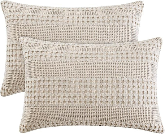 PHF 100% Cotton Waffle Pillow Shams Queen Size, 2 Pack 20" x 30" Soft Skin-Friendly Pillowcases, No Filling, Aesthetic Woven and Breathable Waffle Weave Pillow Case Covers for Bed, Oatmeal