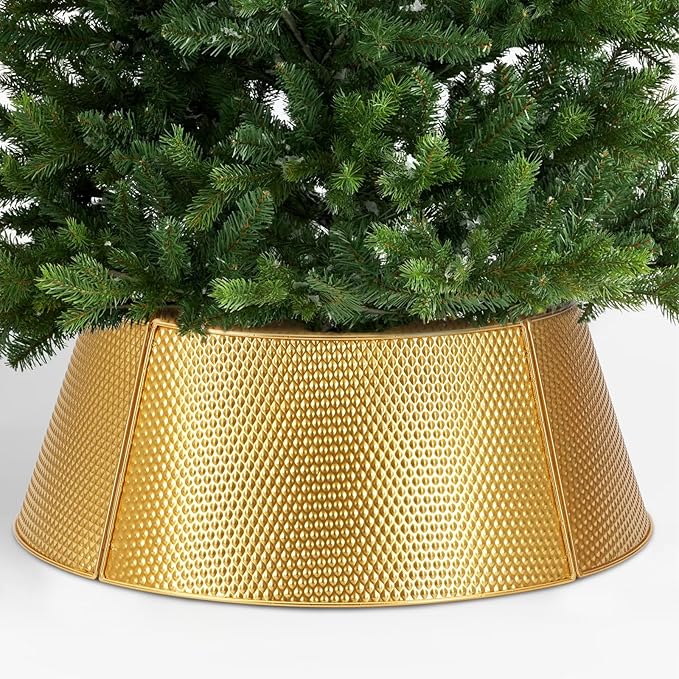 SUNNYPARK Metal Christmas Tree Collar Decoration, 23’’D Golden Christmas Tree Ring with Rhomboid-Patterned Basket Base Cover - Golden