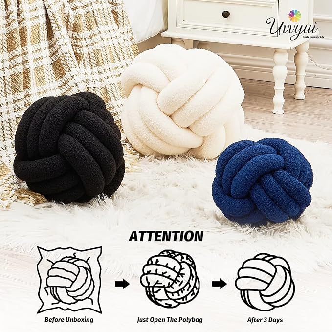 Uvvyui Knot Pillow Ball, Soft Home Decorative Pillows, Round Throw Pillow, Handmade Knotted Plush Pillow, Round Boucle Pillow Cushion (11 Inches Black)