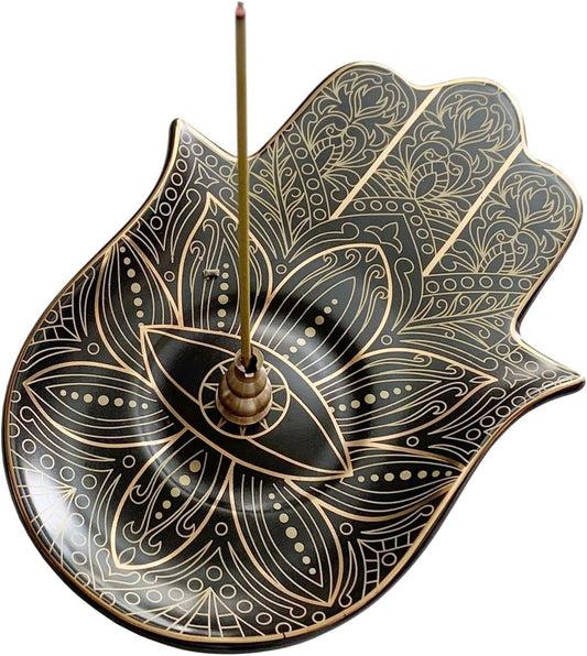 Ceramic Hamsa Hand Incense Holder - 2 in 1 Brass Incense Holder for Sticks and Coil Incense- Zen Decor with Hand of Fatima Design Protection from Evil - 6.2" L X 4.5" W (Black)