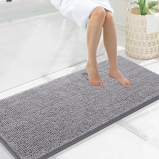 Smiry Luxury Chenille Bathroom Rugs 47x20, Extra Soft and Absorbent Shaggy Bath Mat, Machine Washable, Non-Slip Plush Carpet Runner for Tub, Shower, and Floor, Home Decor Accessories, Grey