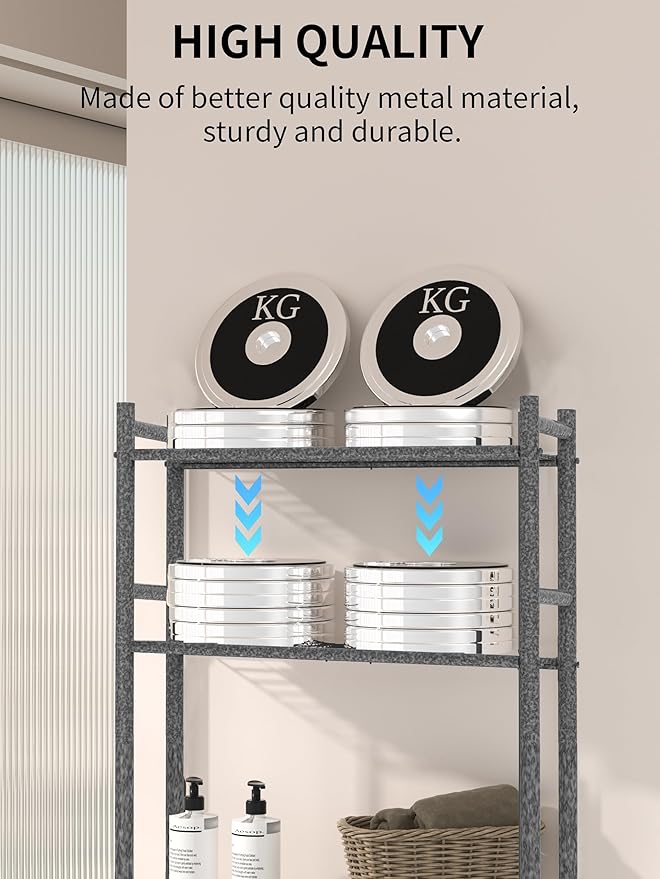 3 Tier Over The Toilet Storage Rack with 2 Basket, Metal Freestanding Bathroom Shelves Toilet with Paper Holder and 4 Hooks, Over Toilet Storage Shelf for Bathroom Storage, Snow Black