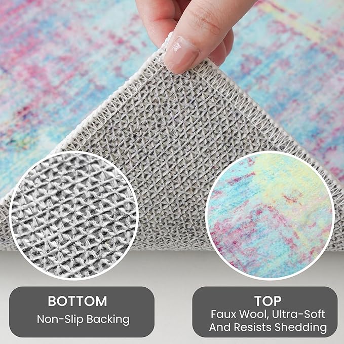 IOHOUZE Abstract Runner Rug 2x6 Ft Washable Runners for Hallways, Non Slip Kitchen Runner Printed Faux Wool Entryway Runner Indoor, Modern Abstract Floor Carpet for Hall Kitchen Bedroom, Pink Teal