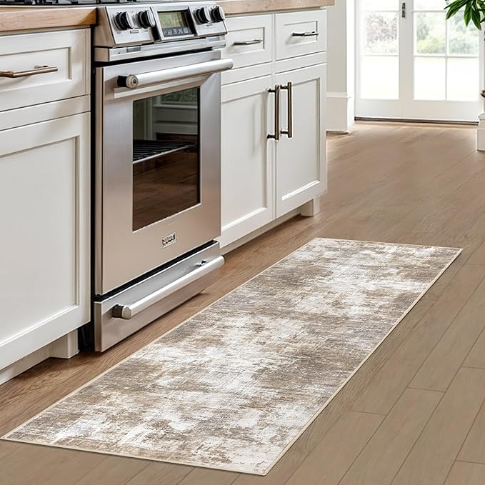 IOHOUZE Abstract Runner Rug 2x6 Ft Washable Runners for Hallways, Non Slip Kitchen Runner Printed Faux Wool Entryway Runner Indoor, Modern Abstract Floor Carpet for Hall Kitchen Bedroom, Beige Brown