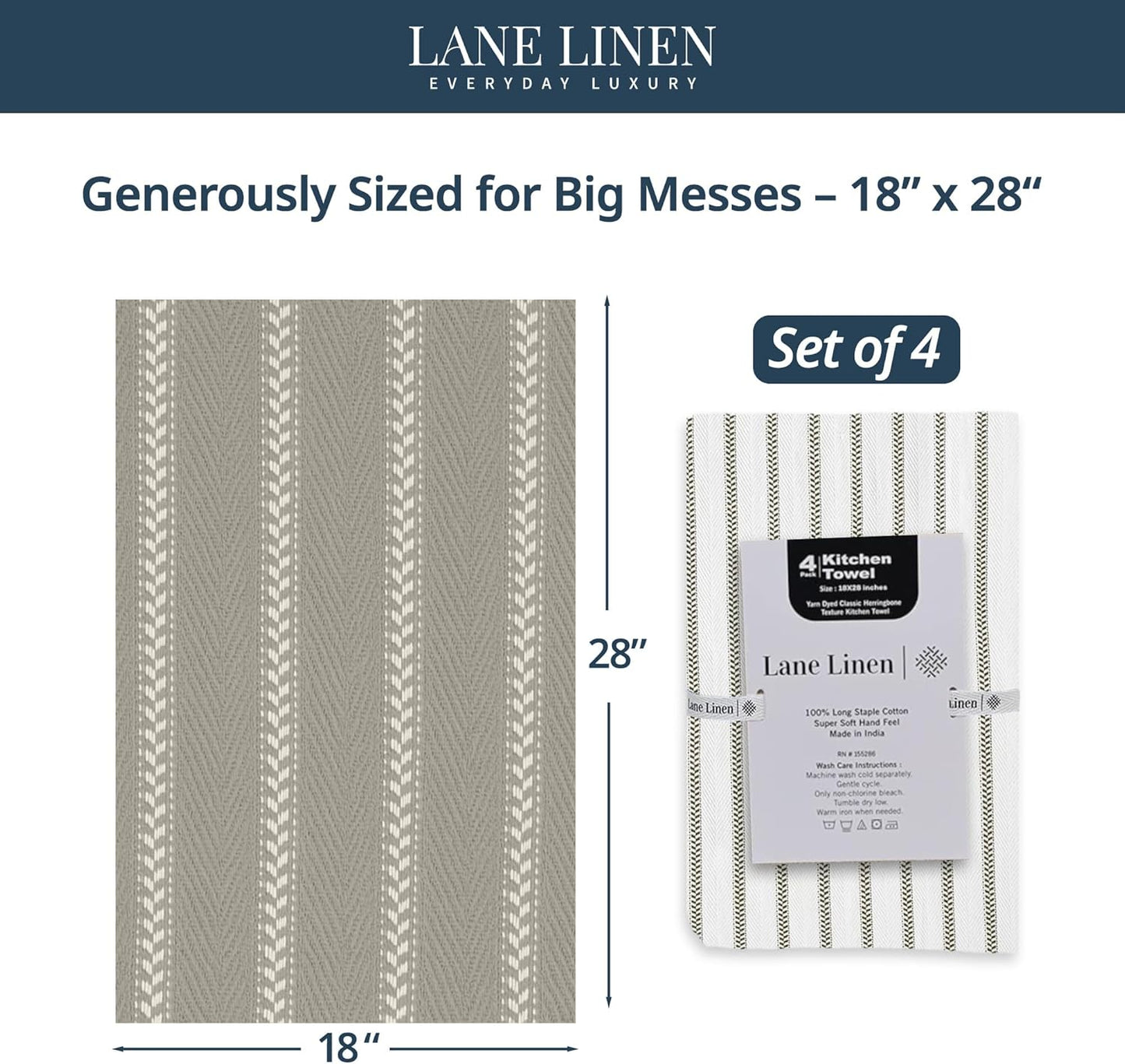 LANE LINEN Kitchen Towels Set - Pack of 4 Cotton Dish Towels for Drying Dishes, 18”x 28”, Absorbent Tea Towels, Quick Drying Kitchen Towel Set - Grey