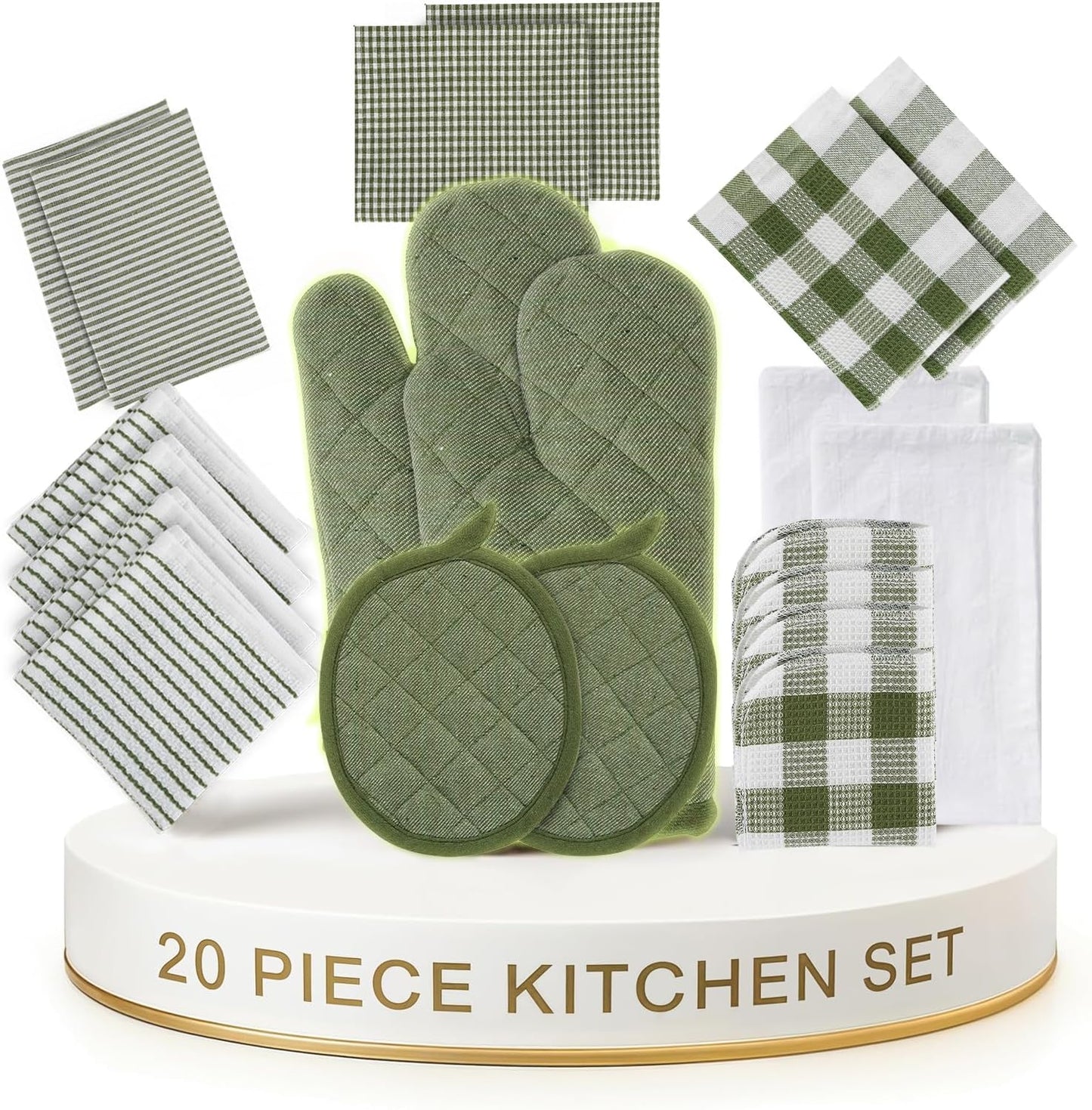 LANE LINEN Dish Towel and Dishcloth Set - 20 Pc Cotton Towels, Heat Resistant Kitchen Mitts and Pot Holders, Olive