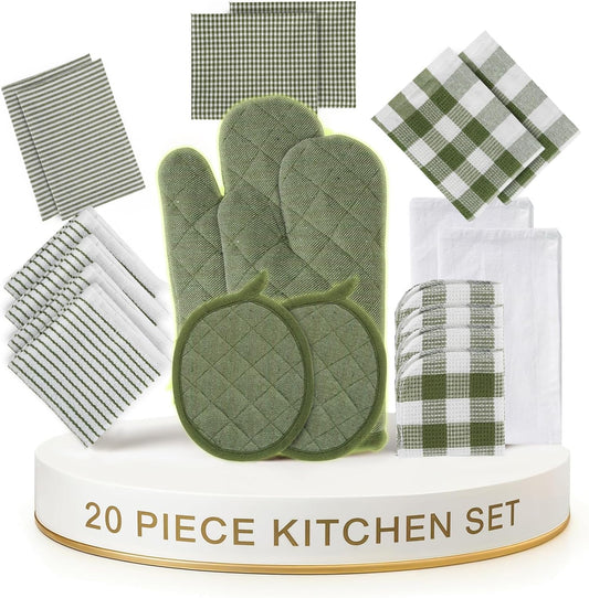 LANE LINEN Dish Towel and Dishcloth Set - 20 Pc Cotton Towels, Heat Resistant Kitchen Mitts and Pot Holders, Olive