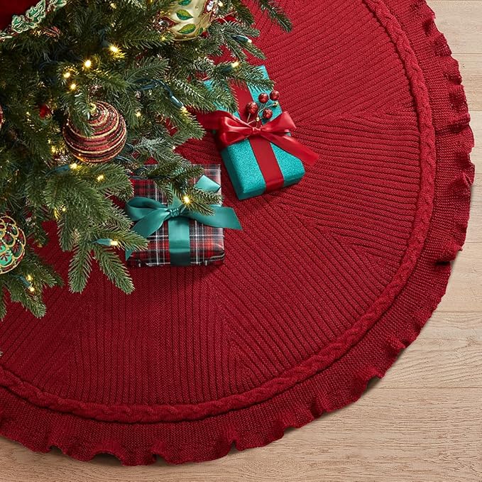 Hommtina Christmas Tree Skirt 48 Inches Red Tree Skirt,Christmas Tree Decorations Faux Fur Tree Skirt for Xmas Holiday Home Party Decorations Ornaments (Wave Red)