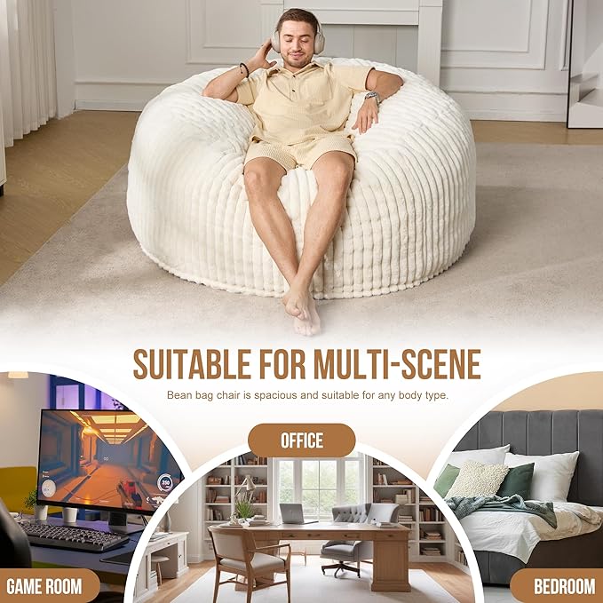 Hobestluk 5ft Bean Bag Chairs for Adults Large Beanbag Chair with Dutch Corded Plush Cover Big Bean Bag Chair for Living Room Bedroom Dorm Office - White (50” x 50” x 24”)