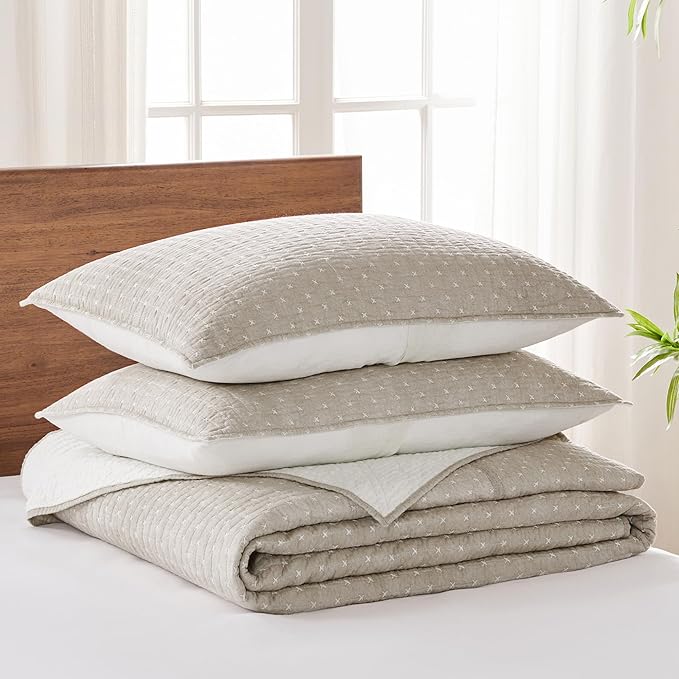 Levtex Home Cross Stitch Reversible Twin Bedspread Set (84x104in) with 1 Pillow Sham (26x20in) - Stitch Texture - Taupe - Cotton Twin Size Bedspread Set - Lightweight, Soft, Pre-Washed