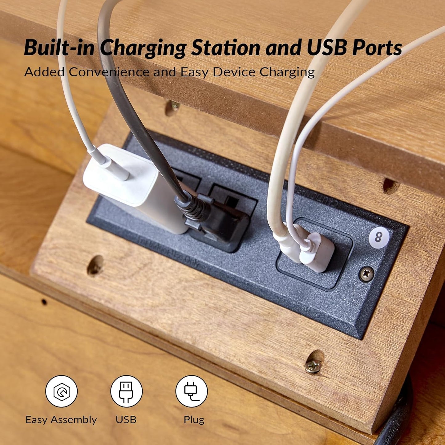 HULALA HOME Wood Nightstand with Charging Station 2 Drawer Dresser with Wooden Legs Mid Century Modern Bedside French Style End Table for Bedroom, Seadrift