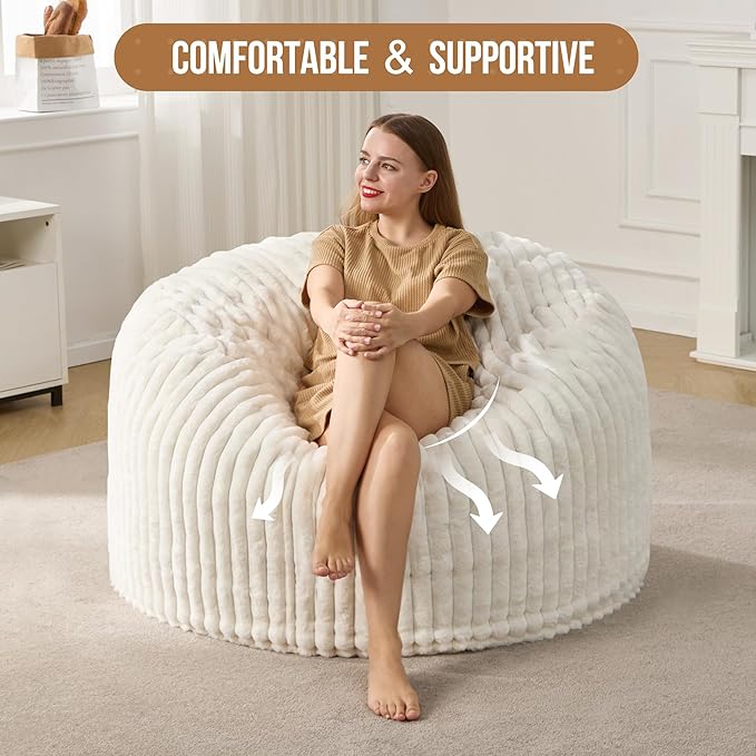 Hobestluk 4ft Bean Bag Chairs for Adults Large Beanbag Chair with Dutch Corded Plush Cover Big Bean Bag Chair for Living Room Bedroom Dorm Office - White (42" x 42" x 24")