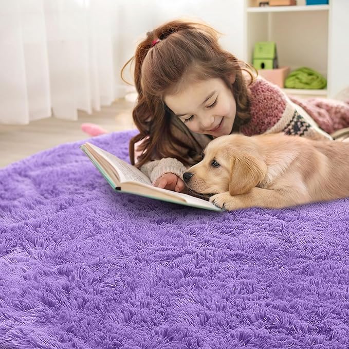 OLANLY Purple Round Rugs for Bedroom - Machine Washable, 4 ft Circle Area Rugs for Living Room, Soft and Fluffy Shaggy Carpet for Teen Girls and Boys, Nursery Rooms, Dorms, Home Decor Aesthetic