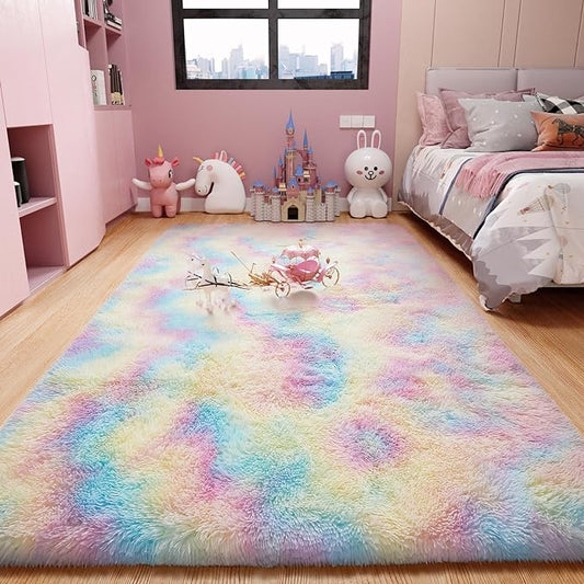 Ophanie Upgrade 4x6 Light Rainbow Rugs for Bedroom, Fluffy Soft Area Rug, Shaggy Non-Slip Indoor Floor Carpet for Living Room, Kids Baby Boys Teen Dorm Home Decor Aesthetic, Nursery