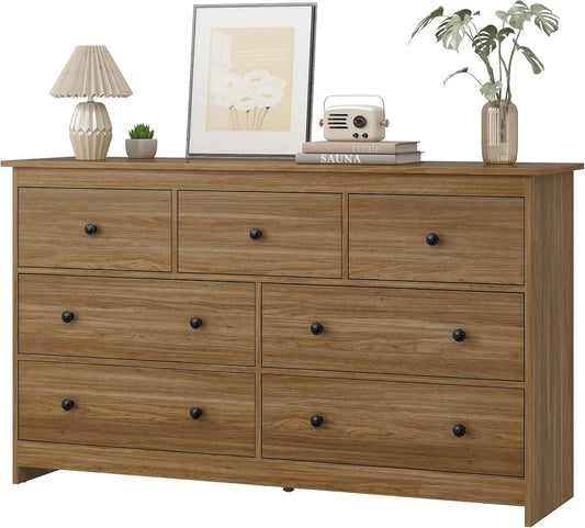 JOZZBY 55" Walnut Dresser for Bedroom, 7 Drawer Wood Large Dresser with Metal Knob, Modern Chests of Deep Drawers Organizer for Home Office, Hallway