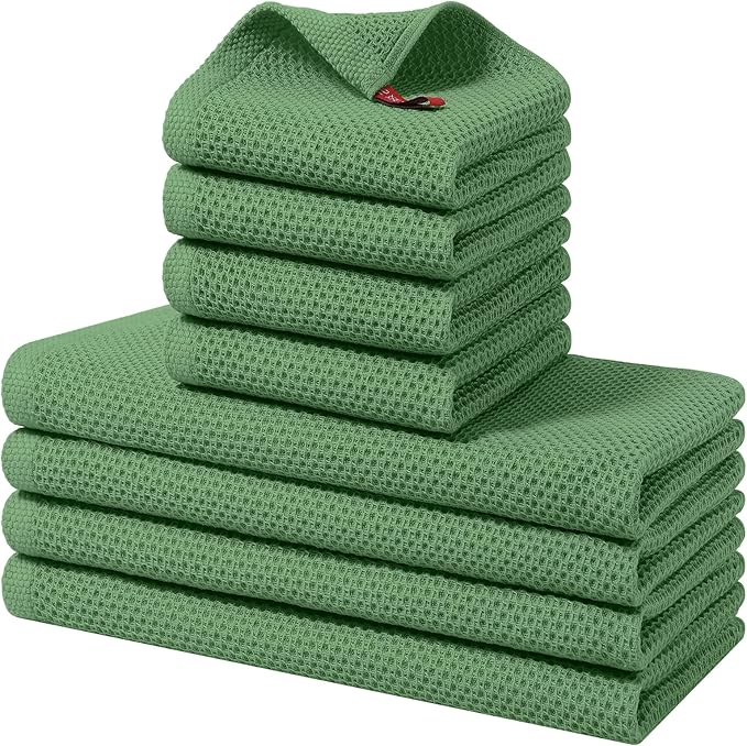 Homaxy 100% Cotton Kitchen Towels and Dishcloths Set, 12 x 12 Inches and 13 x 28 Inches, Set of 8 Bulk Kitchen Towels Set, Ultra Soft Absorbent Dish Cloths for Washing Dishes, Grass Green