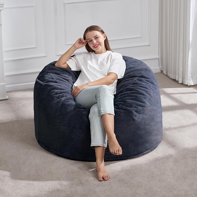 Hobestluk 3ft Bean Bag Chairs for Adults Large Beanbag Chair with Plush Faux Fur Cover Big Bean Bag Chair for Living Room Bedroom Dorm Office - Dark Grey (36” x 36” x 22”)