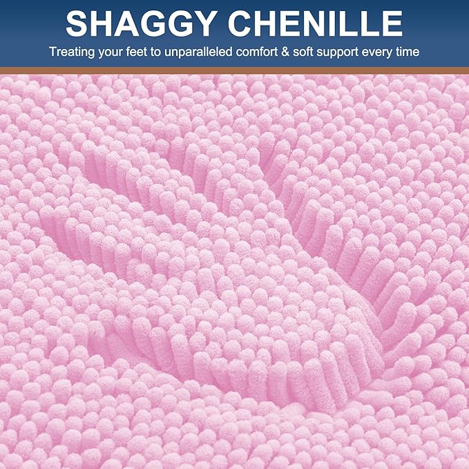 Smiry Luxury Chenille Bathroom Rugs 30x20, Extra Soft and Absorbent Shaggy Bath Mat, Machine Washable, Non-Slip Plush Carpet Runner for Tub, Shower, and Floor, Home Decor Accessories, Pink
