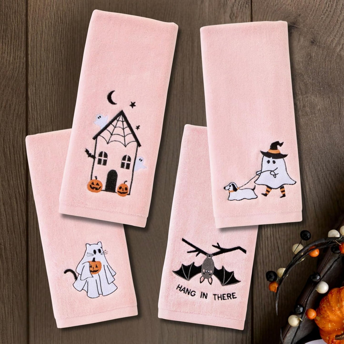 SKL Home Halloween Hang in There Bat 100% Cotton Embroidered 2pc Hand Towel Set, Decorative for Bath/Kitchen/Bar & Gift, Pink