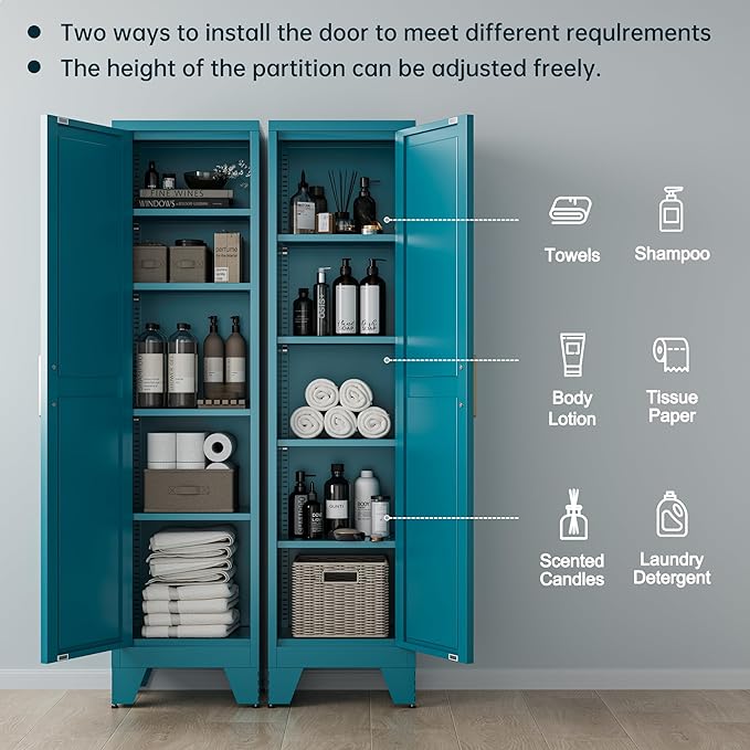 67''Farmhouse Metal Storage Cabinet with Barn Doors,Steel File Cabinet for Home Office,Kitchen Pantry 4 Adjustable Shelves,Freestanding Cupboard for Kitchen,HomeOffice (Peacock Blue)