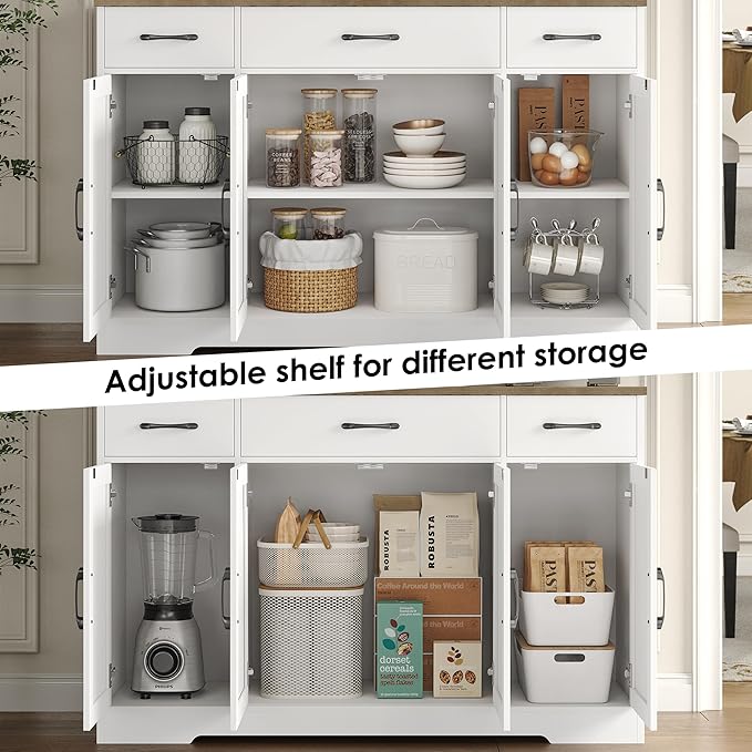 HOSTACK Buffet Cabinet with Drawers, 55" Large Sideboard Buffet Storage Cabinet with Shelves and Doors, Modern Farmhouse Coffee Bar Station Wood Kitchen Table for Kitchen, Dining Room, White/Rustic