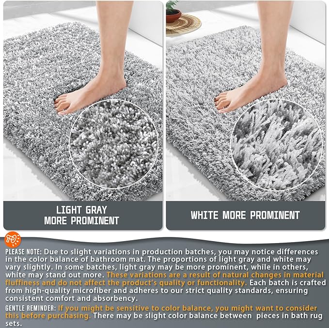 Yimobra Luxury Bathroom Rugs, Fluffy Bath Mats, Non Slip, Water Absorbent Microfiber, Machine Washable, Plush Carpet Shower Rugs, Thick Matts for Bathroom Floor&Tub, 44"x 24", Light Gray and White