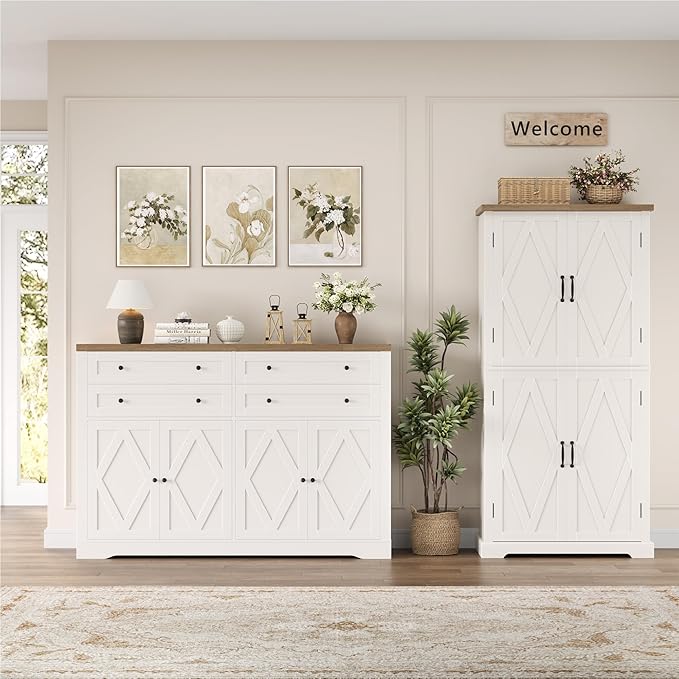 HOSTACK 55" Coffee Bar with 4 Large Drawers, 40" Tall Buffet Cabinet with Storage, Kitchen Storage Cabinet, Modern Farmhouse Sideboard Buffet, Adjustable Shelves for Living Room, White