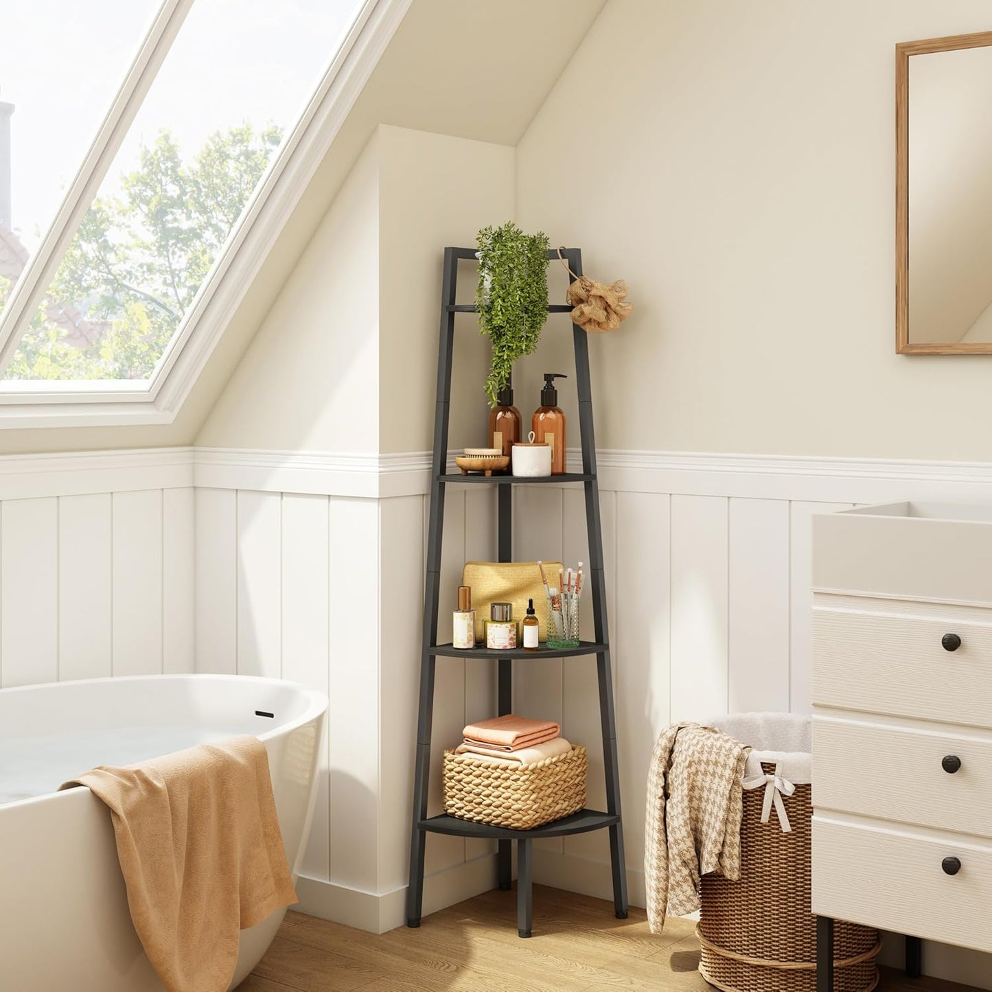 Hoctieon Corner Shelf, 4-Tier Corner Bookshelf, Rustic Ladder Shelf, Industrial Display Stand for Living Room, Kitchen, Home Office, Balcony, Small Space, Metal Frame, Black