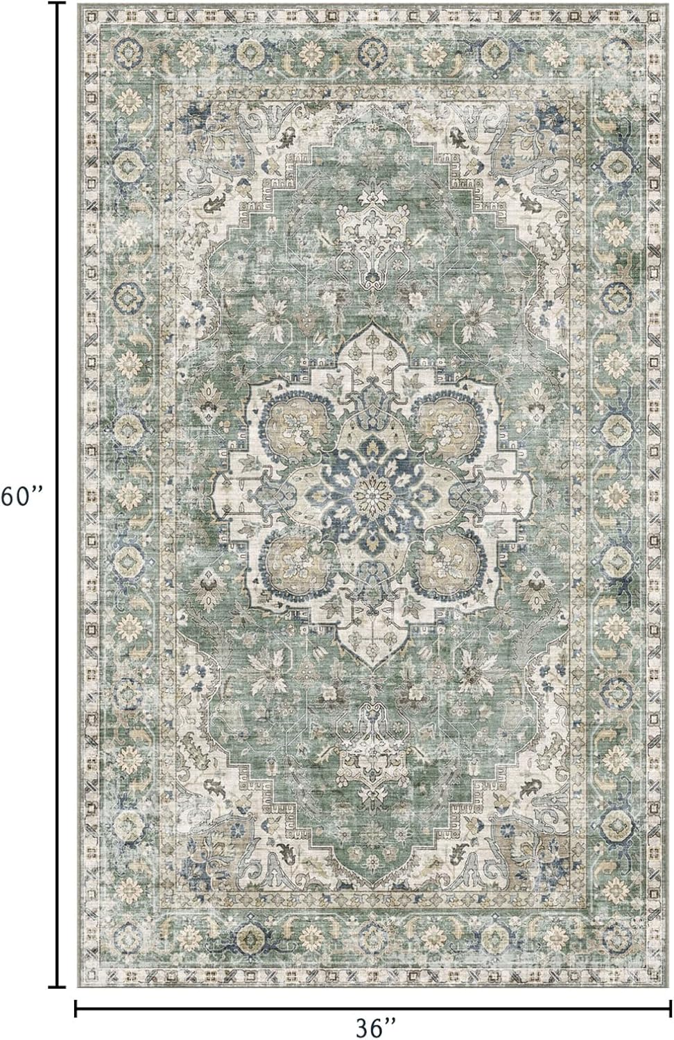 3x5 Washable Area Rug - Small Entryway Rug Non-Slip Sage Green Vintage Oriental Kitchen Rugs Low Pile Boho Carpet Throw Rugs for Living Room Bedroom Bathroom Entrance Dorm Office Home Decor