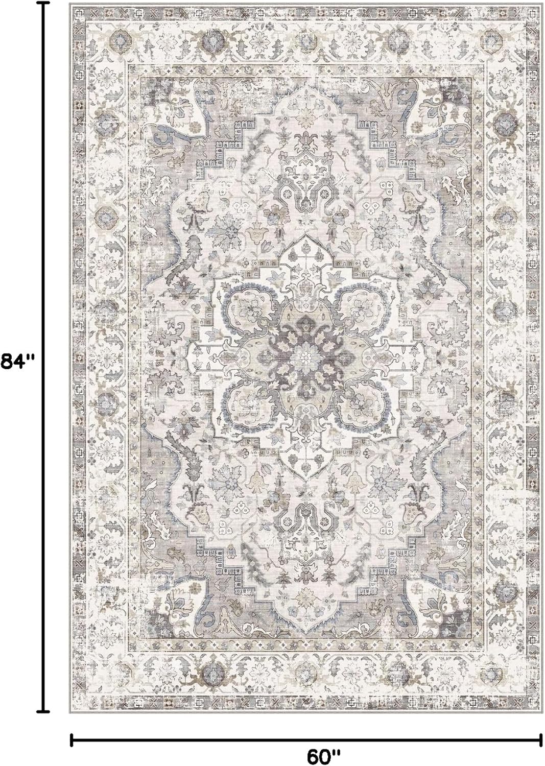 Washable Area Rug 5x7 - Boho Living Room Rug Stain Resistant Soft Bedroom Rug Ultra-Thin Cream Vintage Oriental Farmhouse Dining Room Rugs for Under Table Indoor Carpet for Living Room
