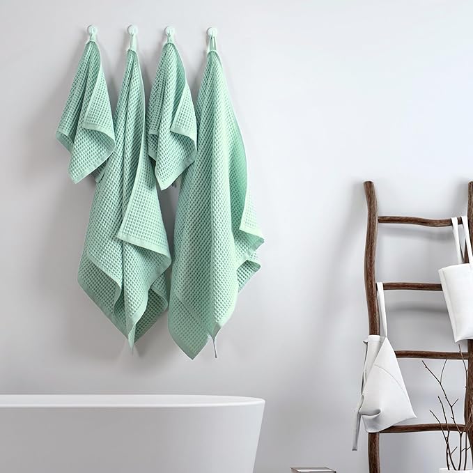 Püskül - Luxury Waffle Towel Set for Bathroom 4 Pieces Ice Green, Premium Quality Organic 100% Turkish Cotton 2 Hand and 2 Bath Towels Sets, Quick Dry Thin Waffle Towels, Made in Turkiye (Ice Green)