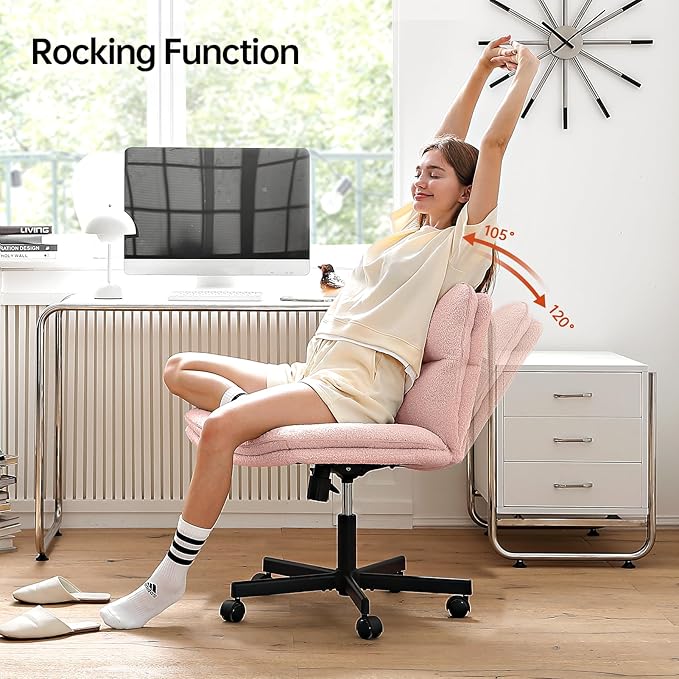 EMIAH Pink Criss Cross Armless Office Desk Chair with Wheels, Faux Fur, Comfy Mid-Back, Swivel, for Home Office
