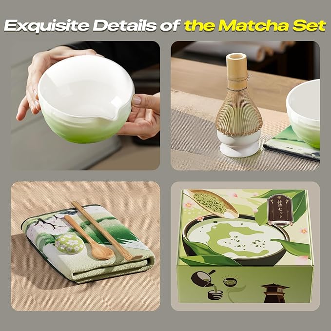 Matcha Whisk Set - 8 Pcs Tea Set with Bamboo Whisk and Holder, Ceramic Bowl, Bamboo Scoop and Spoon,Scoop Rest, Sifter & Tea Towel, Japanese Home Matcha Kit for Authentic Ceremony (Green)