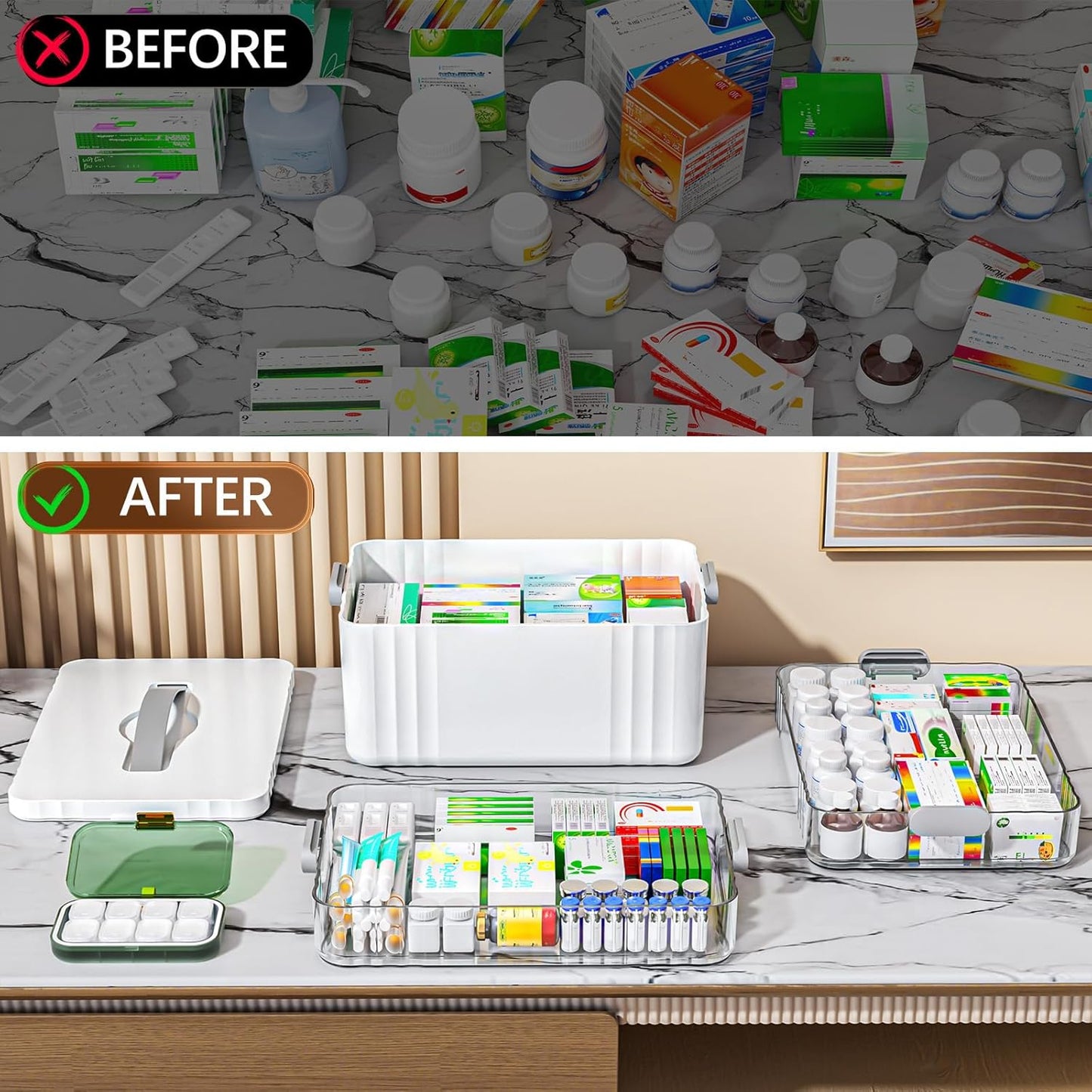 3-Tier Medicine Organizer - Portable Medicine Cabinet with Plastic Handle, Multipurpose Medical Box with Pill Box, Empty First Aid Kit for Home