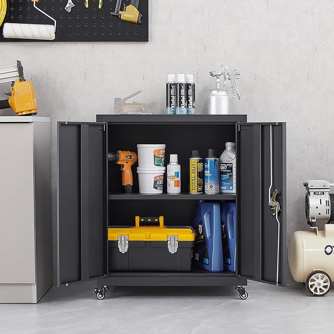LUCYPAL Metal Storage Cabinet with Wheels,31.5" H Steel Storage Cabinet with Locking Doors and Adjustable Shelves,Metal Garage Storage Cabinets for Home Office,Kitchen,Black