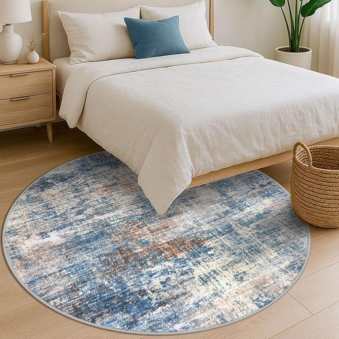 IOHOUZE Abstract Round Area Rug 6 Ft Washable Circle Rugs Large Round Rug Non Slip Thin Soft Circle Rugs, Printed Faux Wool Floor Carpet for Bedroom Living Room Dining Room Nursery, Blue Rust