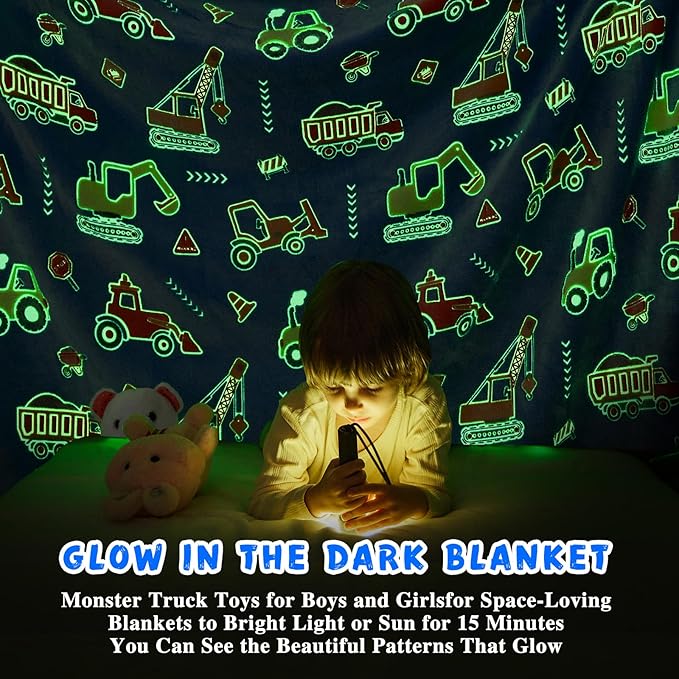 Inhand Truck Car Construction Toys Glow in the Dark Blanket Truck Gifts for Boys Kids Throw Blanket Car Excavator Crane Toys for Kids Boys Birthday Halloweenchristmas Cute Soft Room Decor Blue 50"X60"