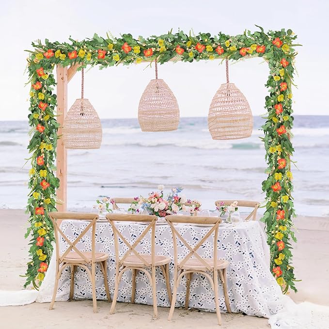 6FT Summer Garland for Decoration, Summer Green Eucalyptus Flower Garlands for Mantle Table Wedding Decor, Fake Vines Greenery Easter Garland Room Garden Backdrop Floral Arch Wall Farmhouse Home Decor