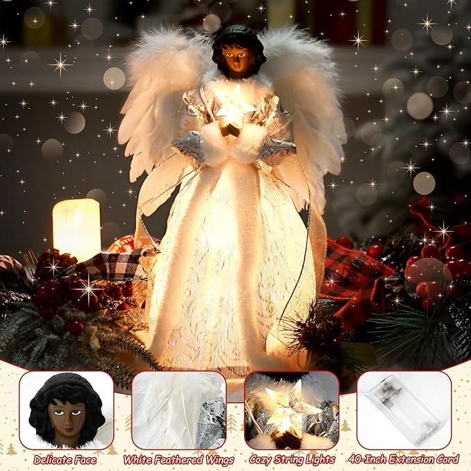 Angel Tree Topper with Lights, Lighted Tree Toppers Christmas Decorations, Elegant and Durable, Perfect for Holiday Home Decor and Gifts, Black, WOKEISE