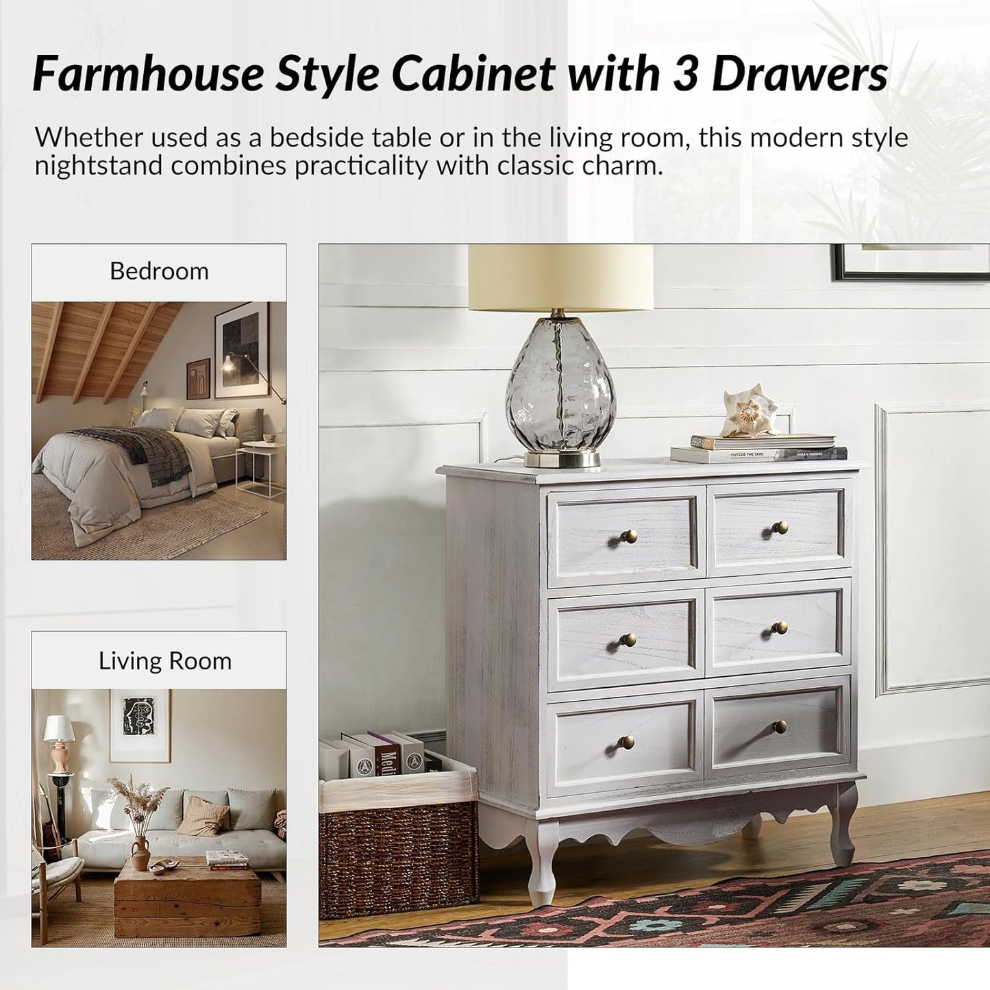 HULALA HOME 3-Drawer Nightstand with Charging Station, Drawer Organizer with Wood Legs, Farmhouse Solid Wood Nightstand Set of 2(White)