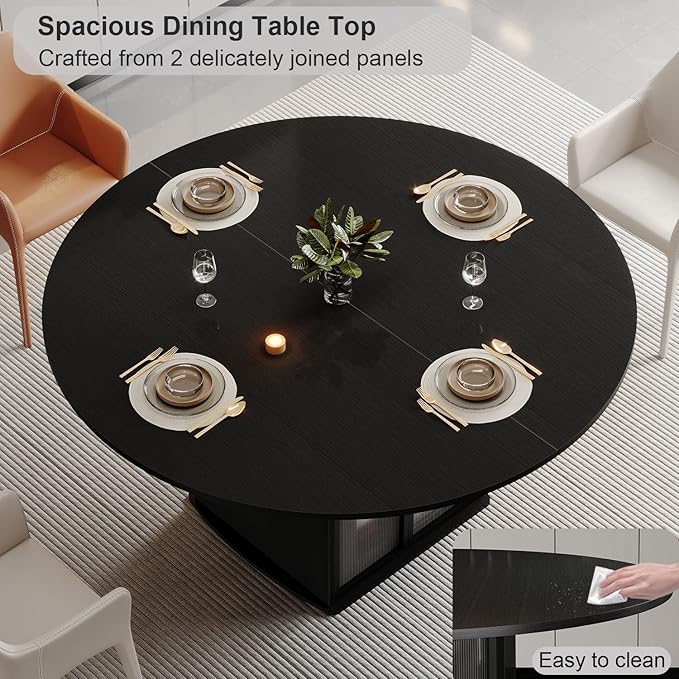 IBF Black Round Dining Table for 4-6, 47 Inch Kitchen Table with Fridge Space, Industrial Dining Room Tables with Storage Shelf, Wood Dinner Tables for Home Kitchen Living Room, Black Oak, Only Table