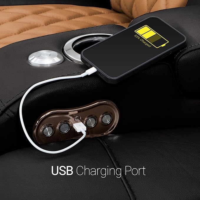 Seatcraft Diamante - Home Theater Seating - Living Room - Power Recline - Italian Leather - Powered Headrests - Cupholders - USB Charging - Ambient Lighting - Arm Storage, Black/Tan Oak, Row of 5