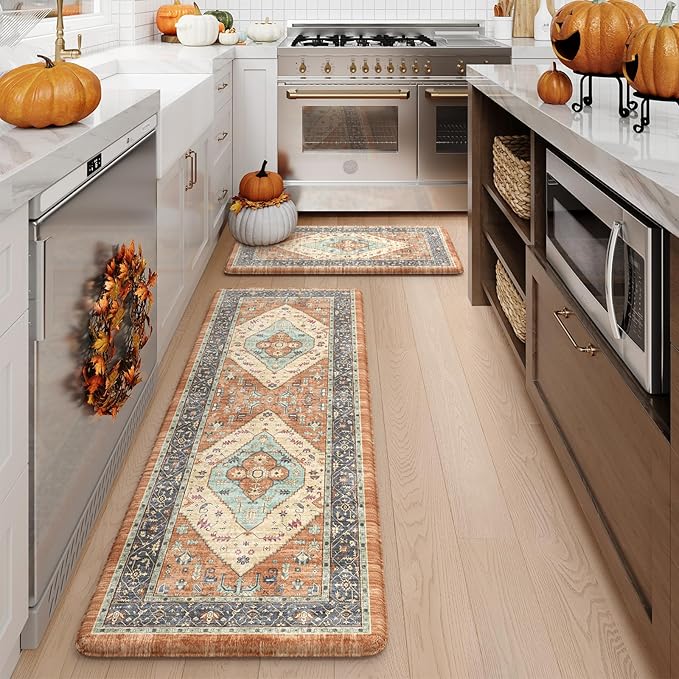 KIMODE Anti Fatigue Kitchen Mat for Floor, Boho Orange Kitchen Rugs Sets of 2, Cushioned Kitchen Floor Mats, Fall Kitchen Rugs Non Slip for Halloween Sink Laundry Desk Home 17"x47"+17"x29"