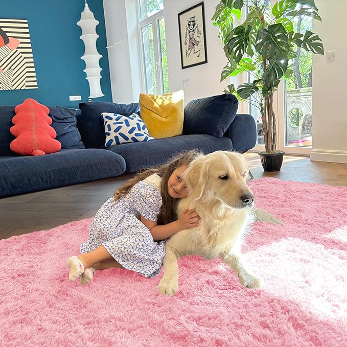 OLANLY 9x12 Machine Washable Large Area Rugs for Living Room, Bedroom, Soft Fluffy Shaggy Bedside Rug, Indoor Floor Carpet for Kids Girls and Boys, Dorms, Nursery, Home Decor Aesthetic, Pink