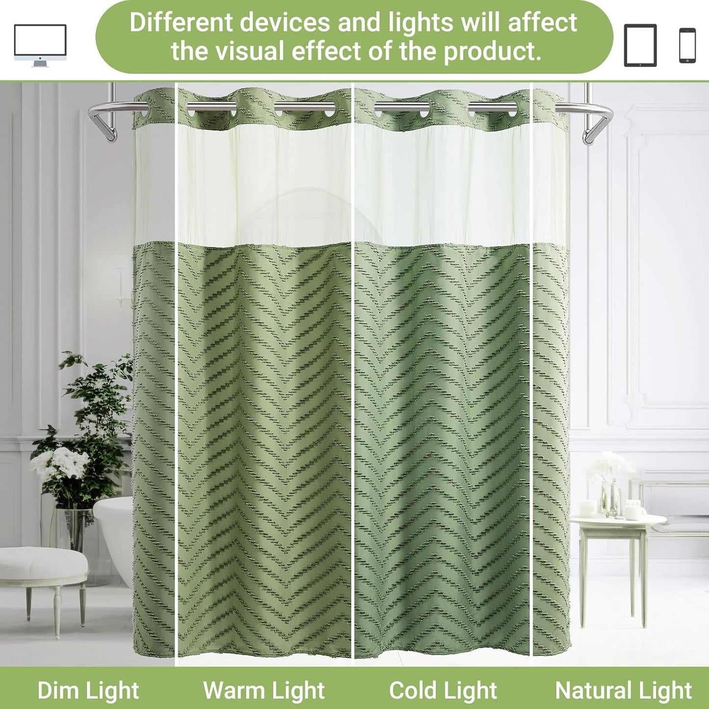 Long No Hook Shower Curtain with Snap in Liner, Tufted Chevron Striped Shower Curtain Set for Bathroom, Boho Waterproof and Washable Shower Curtains,71Wx80H, Sage Green